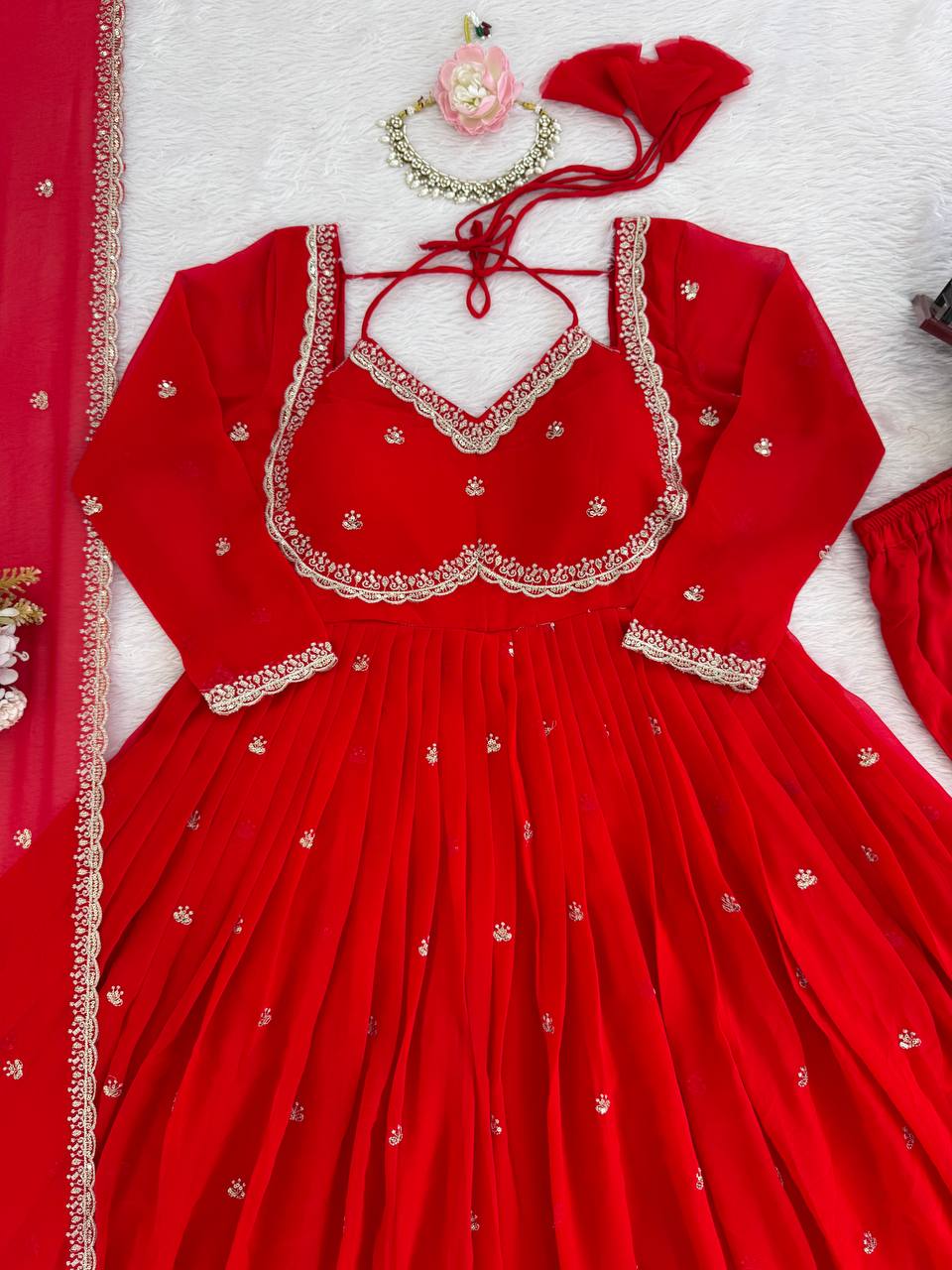 Occasion Wear Red Anarkali Suit with 4-Meter Flair Fully Stiched