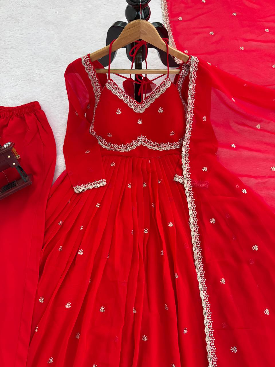 Occasion Wear Red Anarkali Suit with 4-Meter Flair Fully Stiched