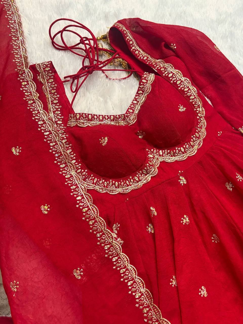 Occasion Wear Red Anarkali Suit with 4-Meter Flair Fully Stiched
