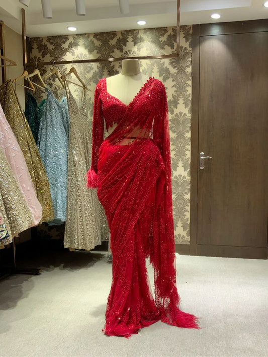 Red Soft Net Sequence Embroidary Work Party Wear Saree