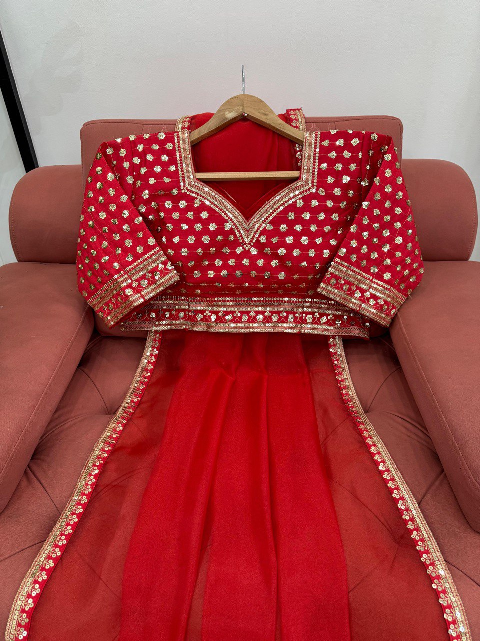 Red Organza Silk Embroidary Sequence Work Fastiwal Wear Saree