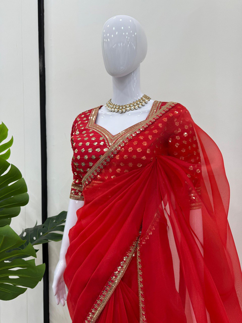 Red Organza Silk Embroidary Sequence Work Fastiwal Wear Saree