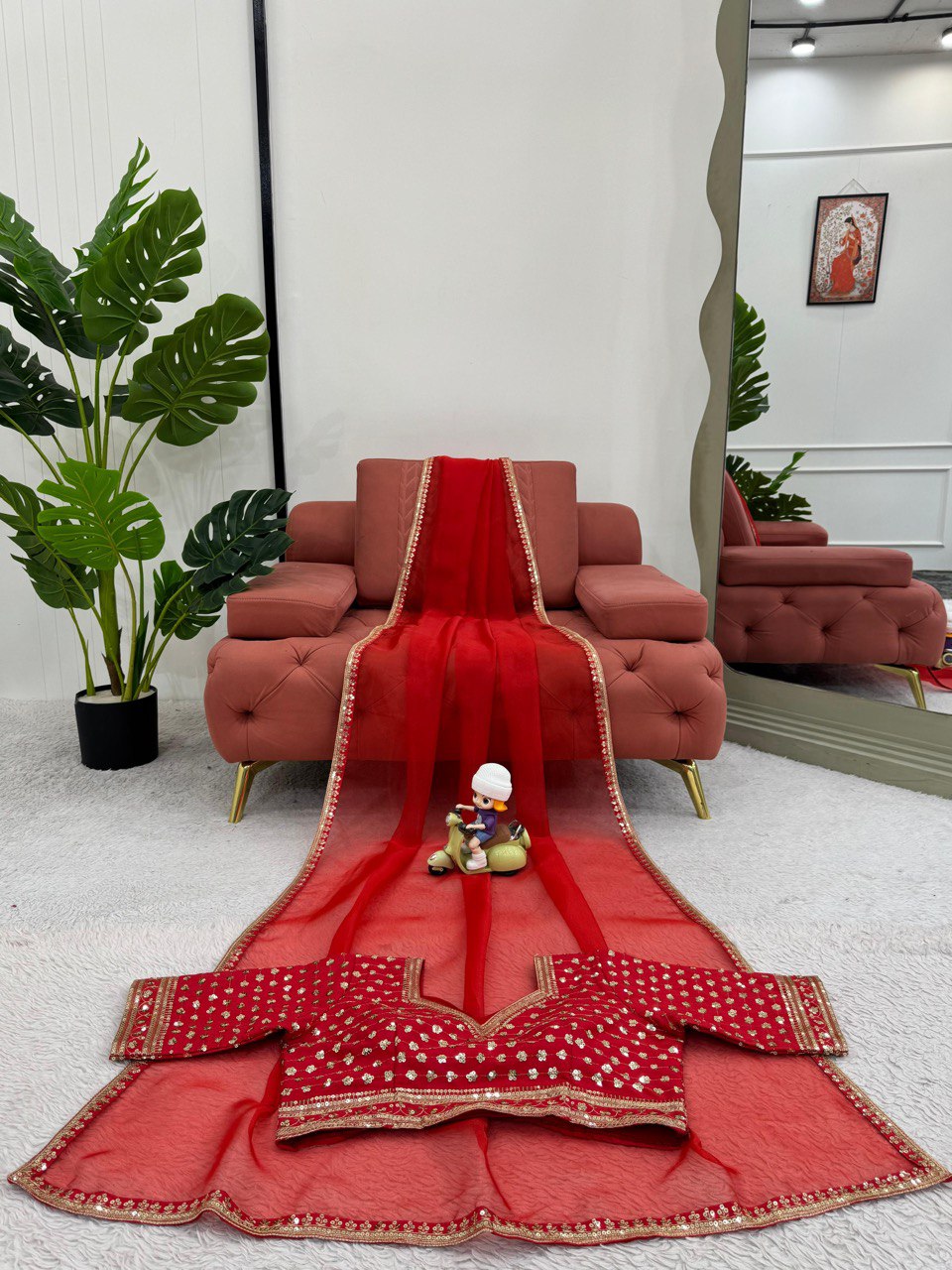 Red Organza Silk Embroidary Sequence Work Fastiwal Wear Saree