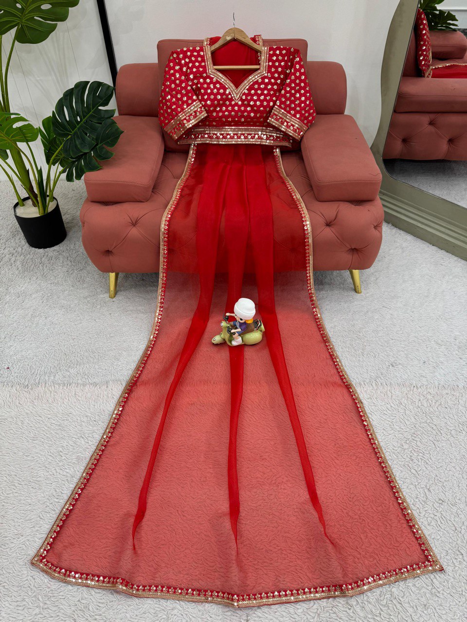 Red Organza Silk Embroidary Sequence Work Fastiwal Wear Saree
