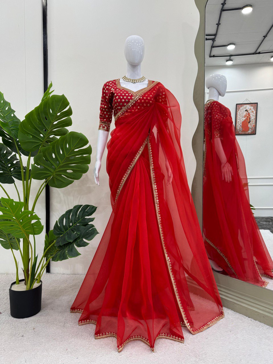 Red Organza Silk Embroidary Sequence Work Fastiwal Wear Saree