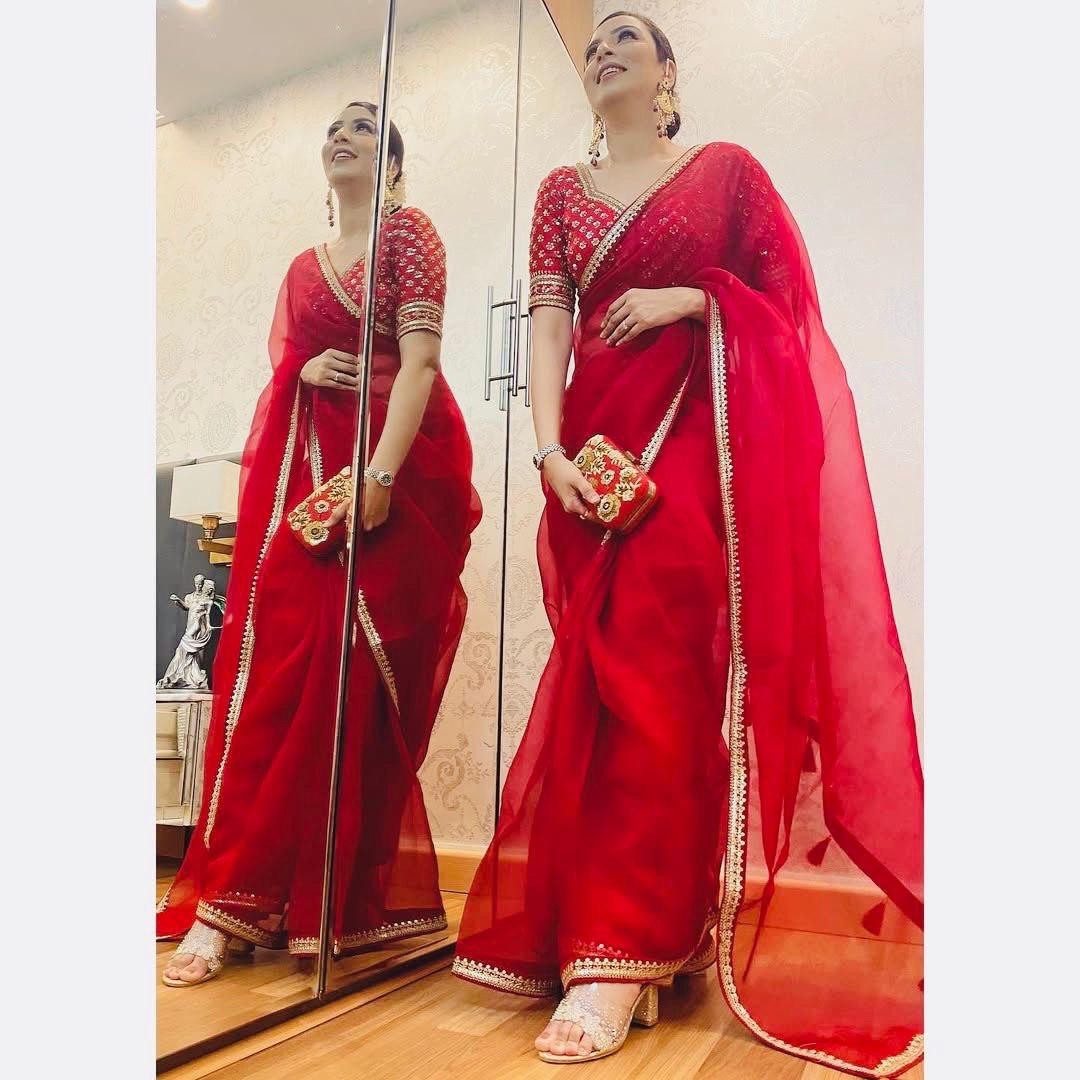 Red Organza Silk Embroidary Sequence Work Fastiwal Wear Saree