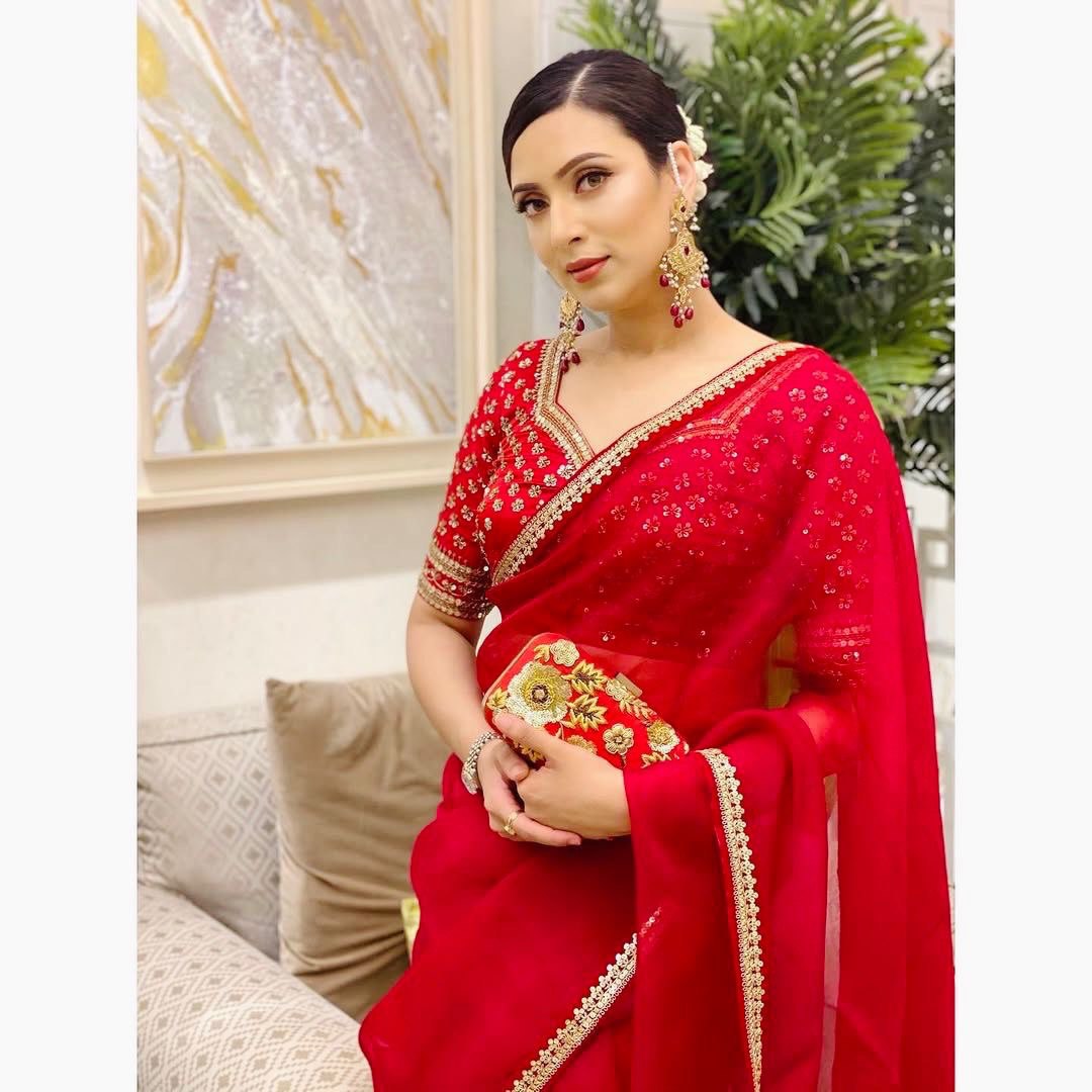 Red Organza Silk Embroidary Sequence Work Fastiwal Wear Saree