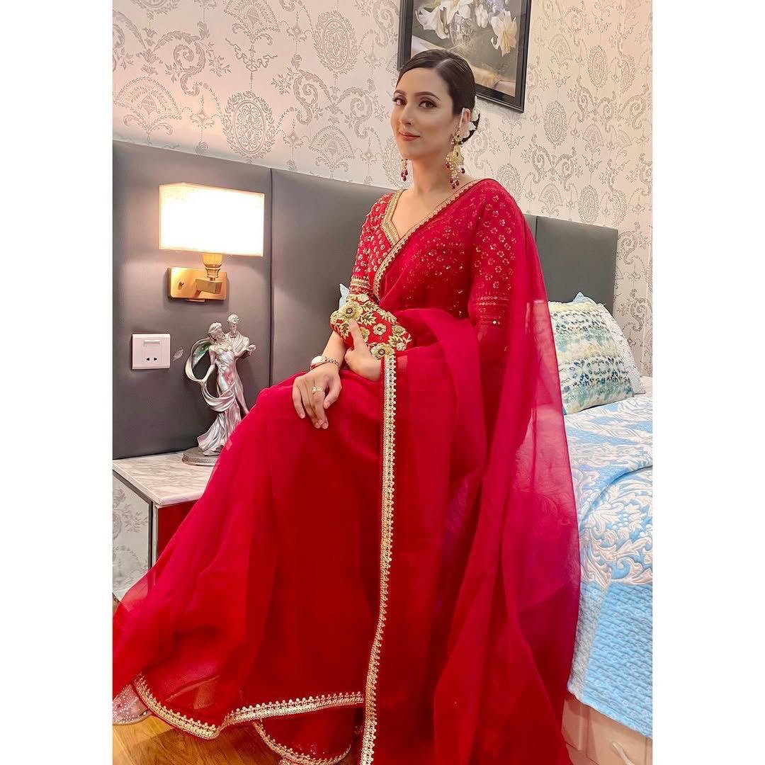 Red Organza Silk Embroidary Sequence Work Fastiwal Wear Saree