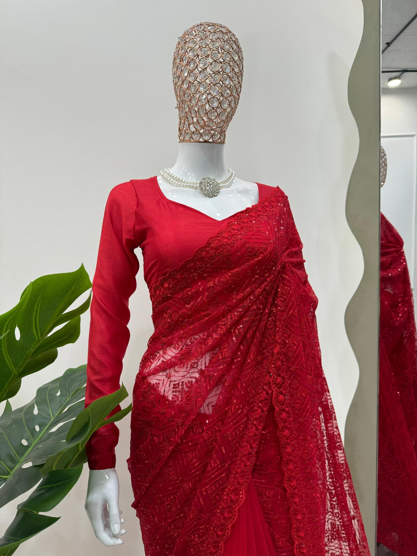 Red Soft Net Thread With Sequence Work Saree