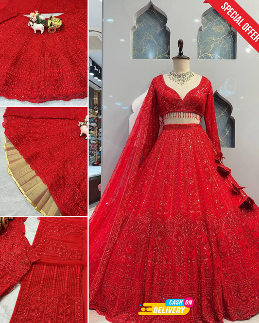 Red Designer Soft Net Wedding Wear Lehenga Choli For Women