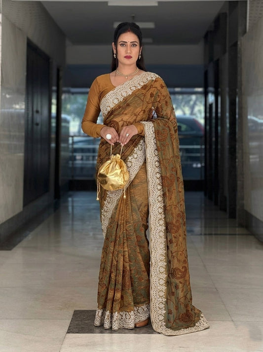 Women's New Latest Party Wear Two Tone Twill Net Saree