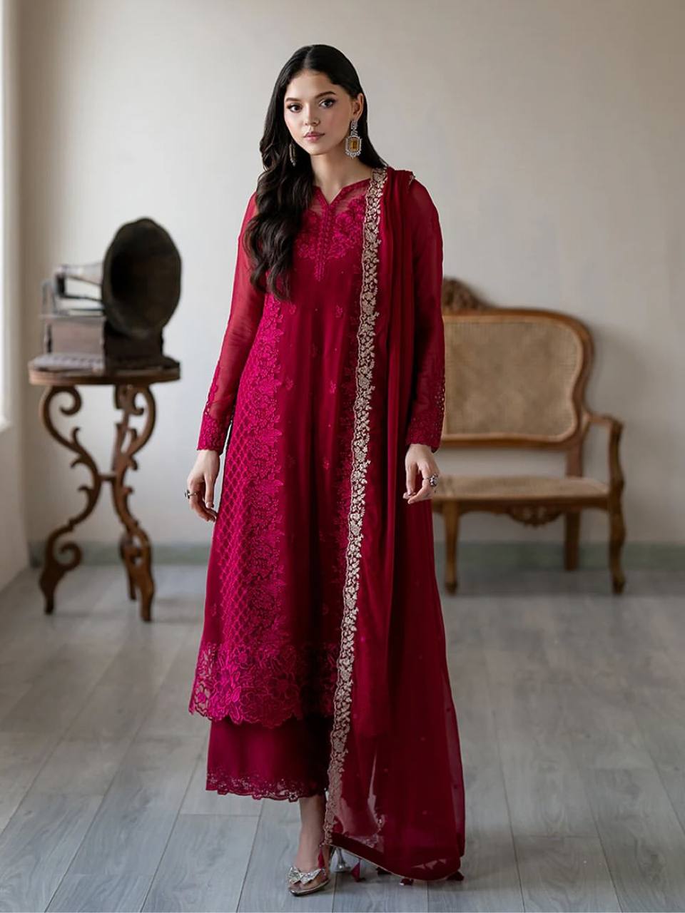 Rose Pink Heavy Georgette Embroidary Work Salwar Suit