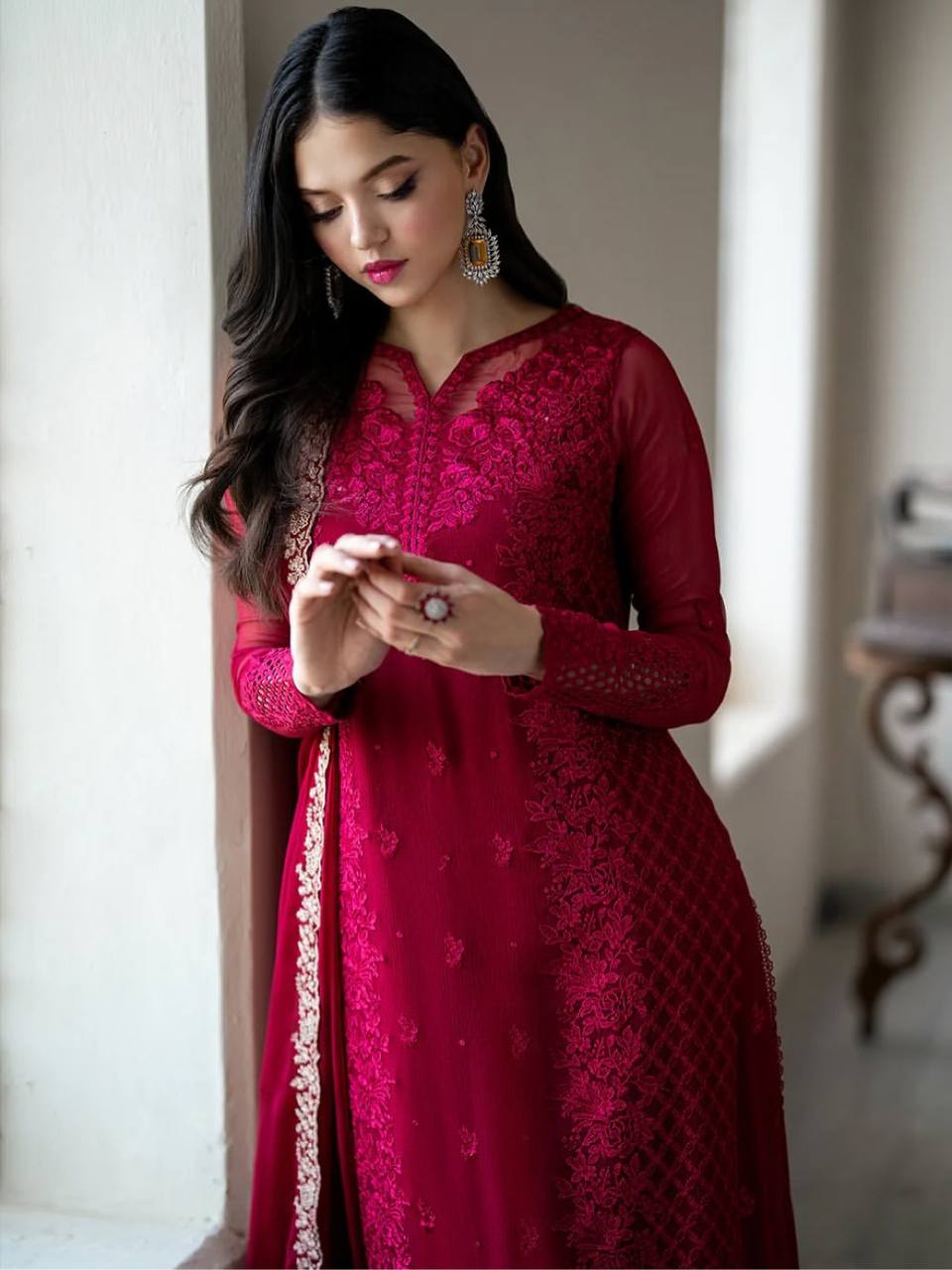 Rose Pink Heavy Georgette Embroidary Work Salwar Suit