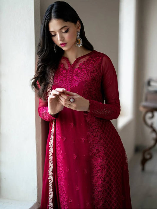 Rose Pink Heavy Georgette Embroidary Work Salwar Suit