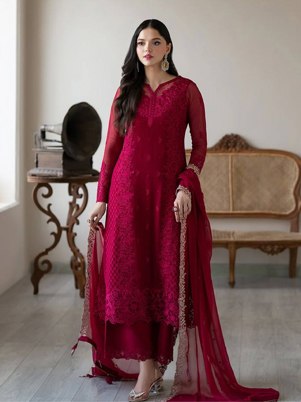 Rose Pink Heavy Georgette Embroidary Work Salwar Suit