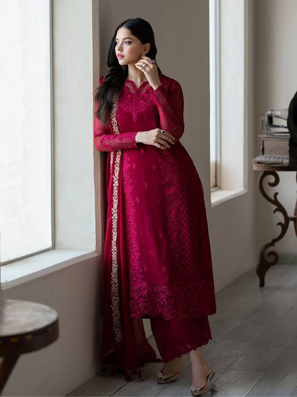 Rose Pink Heavy Georgette Embroidary Work Salwar Suit