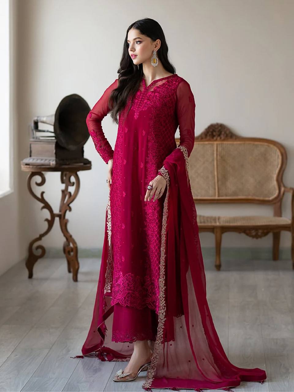 Rose Pink Heavy Georgette Embroidary Work Salwar Suit