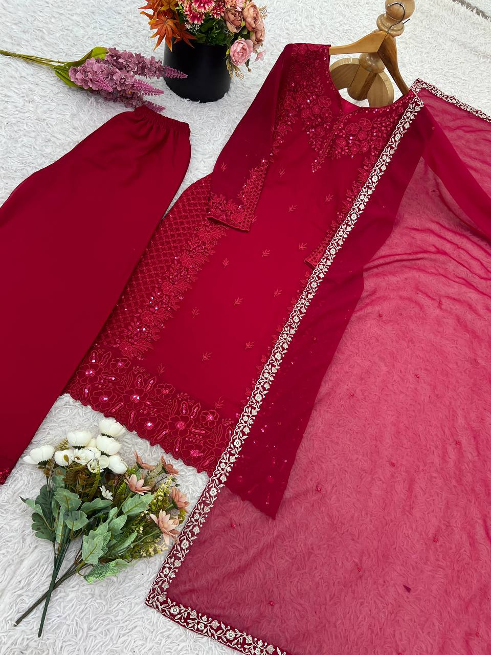 Rose Pink Heavy Georgette Embroidary Work Salwar Suit