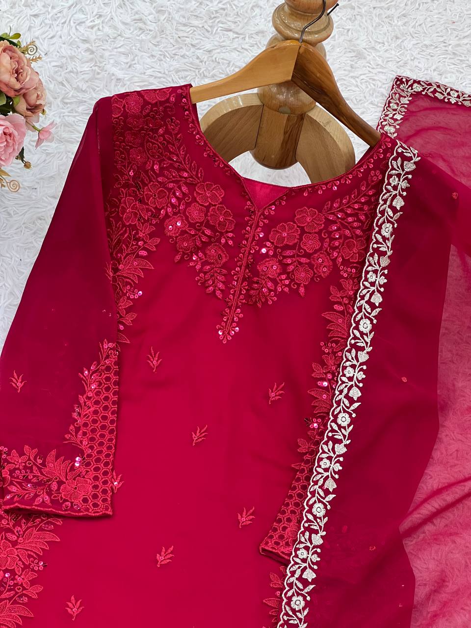 Rose Pink Heavy Georgette Embroidary Work Salwar Suit