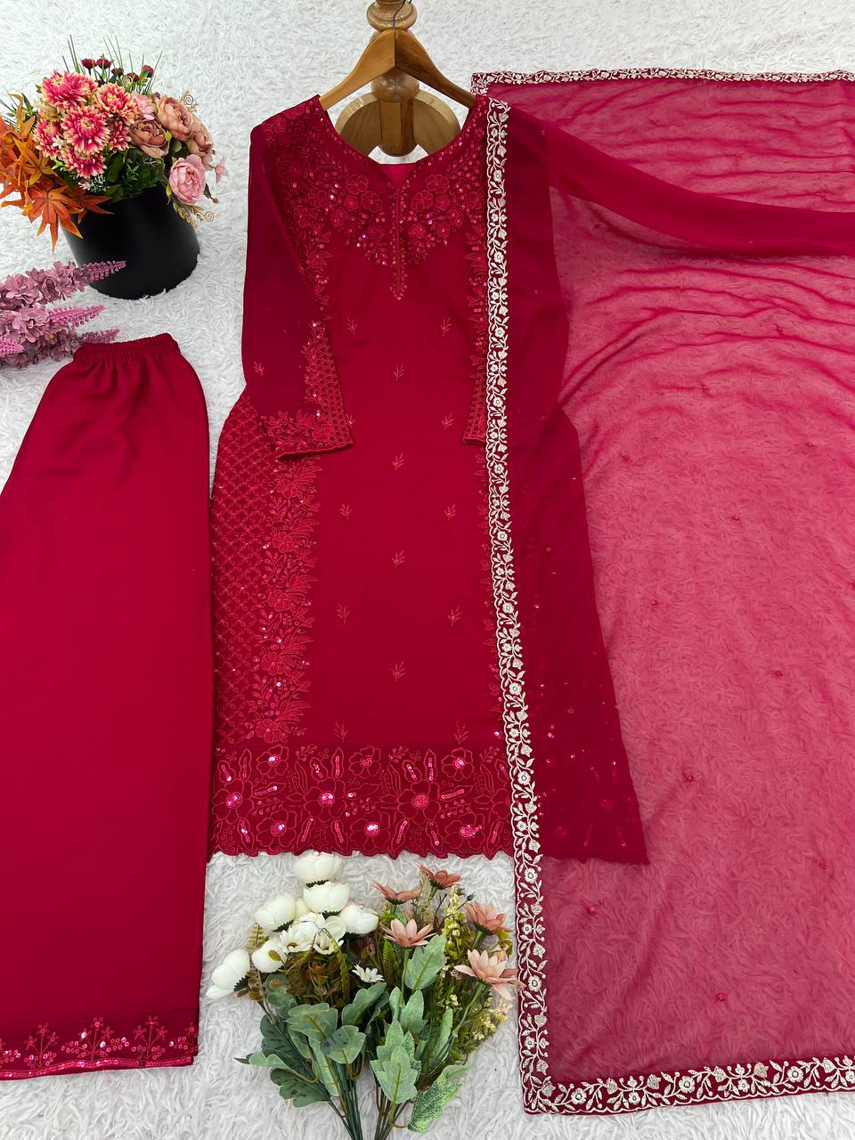 Rose Pink Heavy Georgette Embroidary Work Salwar Suit