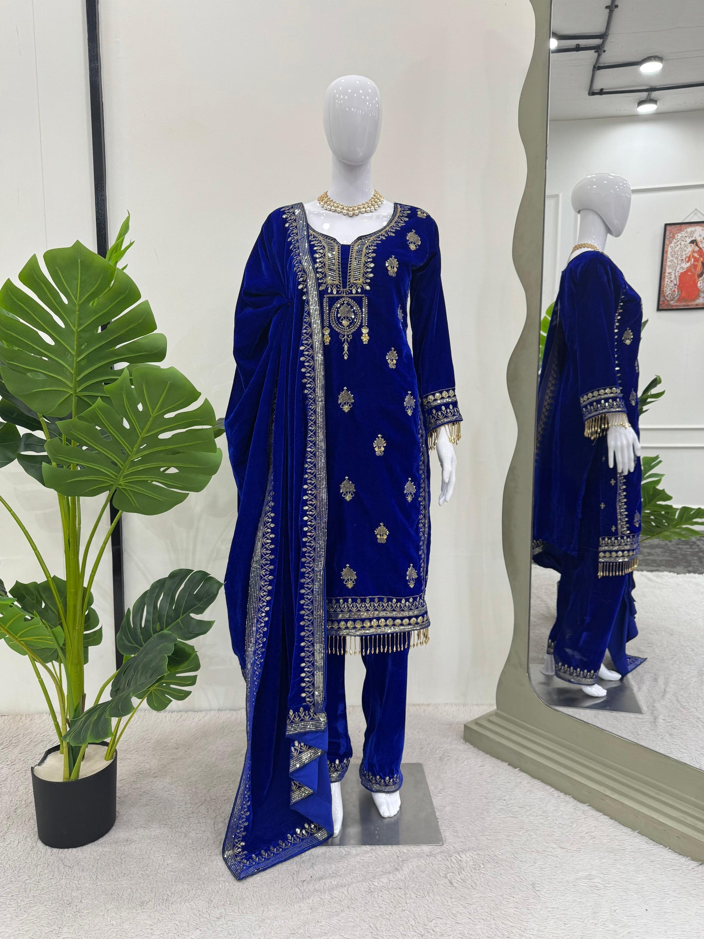 Blue Color Velvet Machin Work Ready to Wear Suit For Women