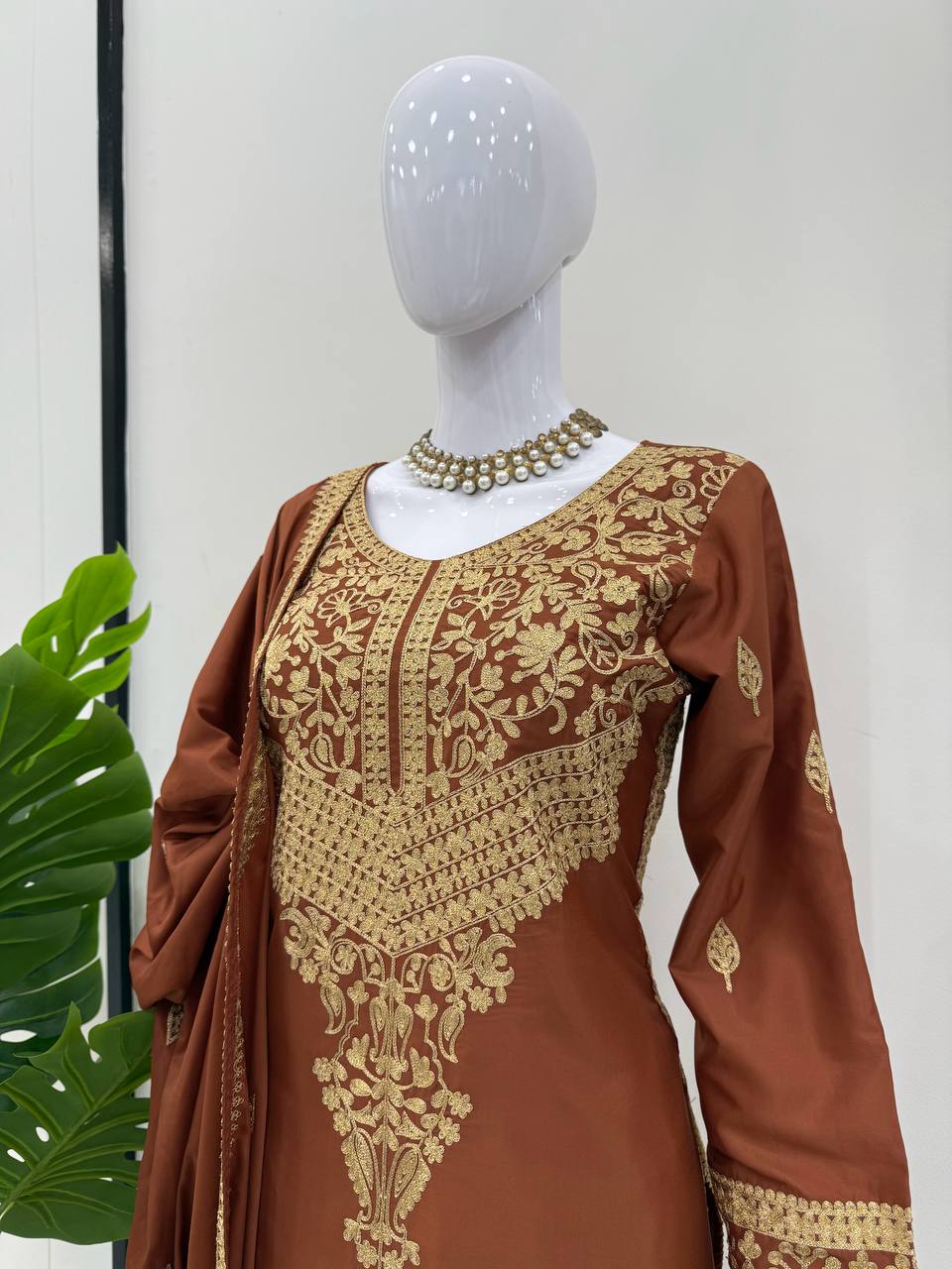 Elegant Brown Crepe Plazo Suit with Dupatta