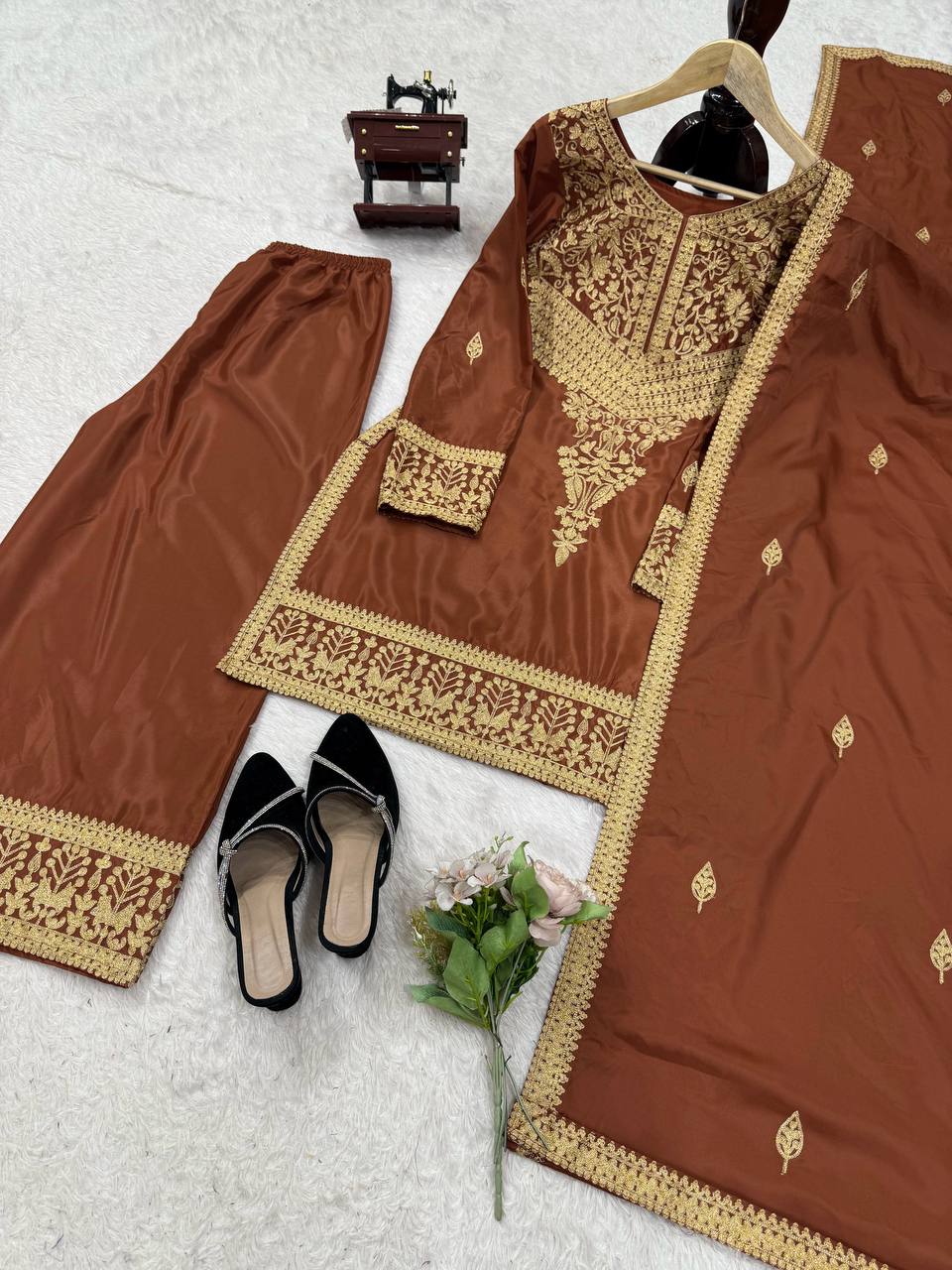 Elegant Brown Crepe Plazo Suit with Dupatta