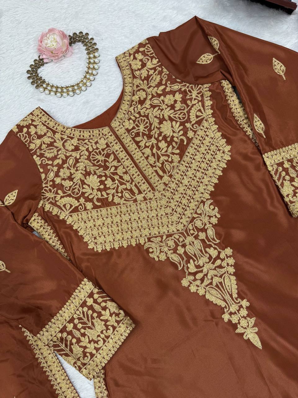 Elegant Brown Crepe Plazo Suit with Dupatta