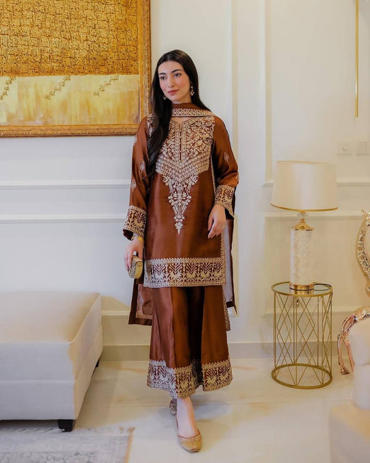 Elegant Brown Crepe Plazo Suit with Dupatta
