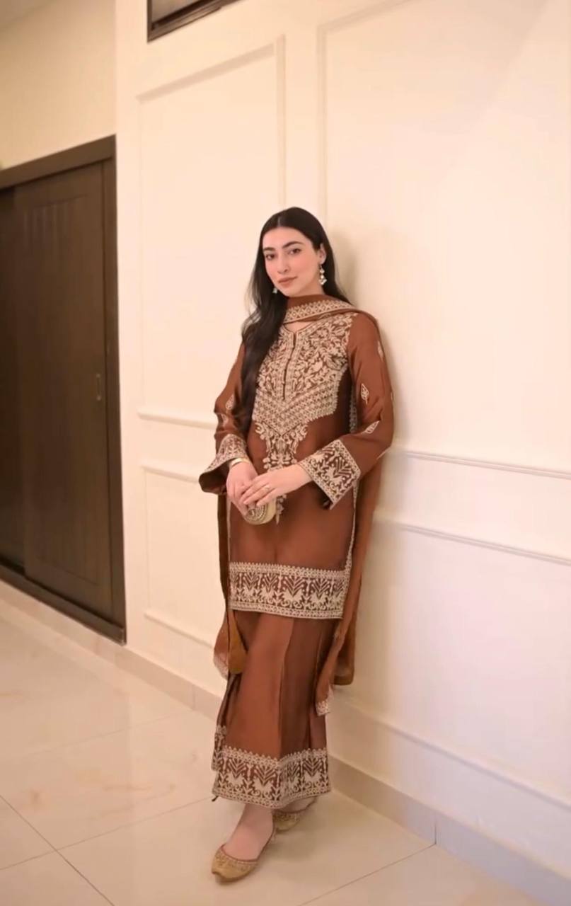 Elegant Brown Crepe Plazo Suit with Dupatta