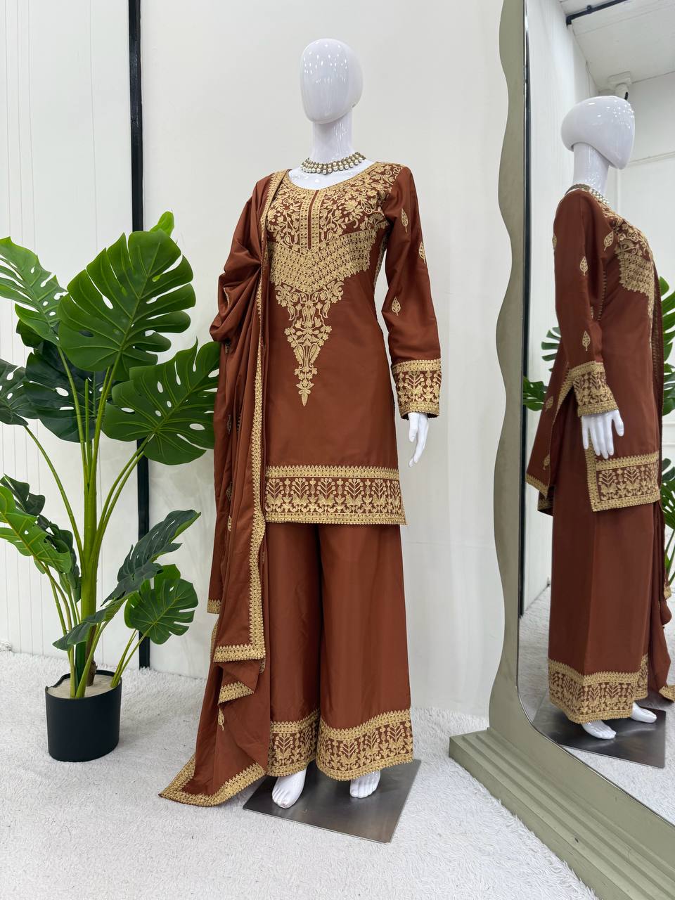 Elegant Brown Crepe Plazo Suit with Dupatta