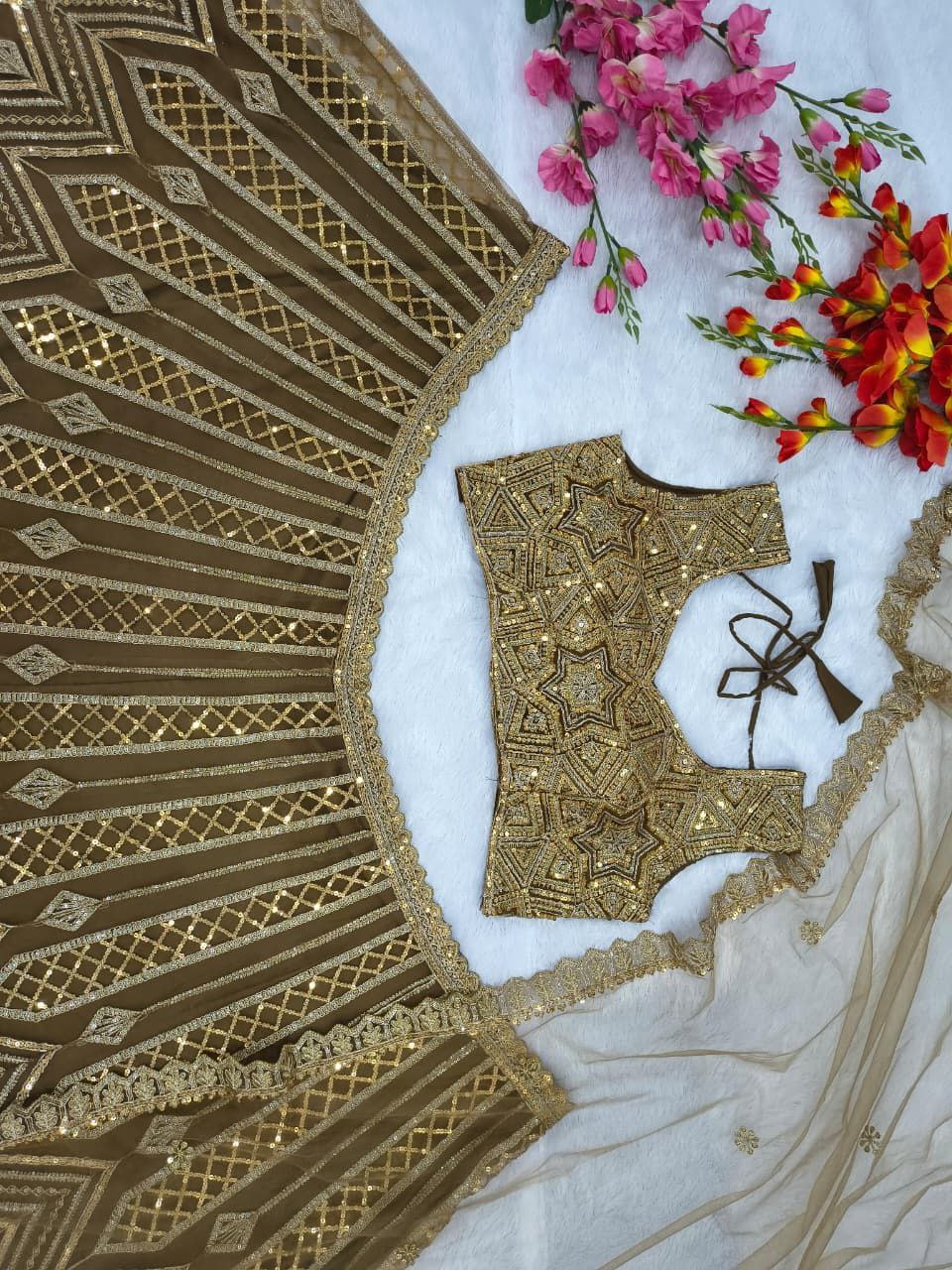 Royal Golden Sequins Embroidered Butterfly Net Lehenga Choli