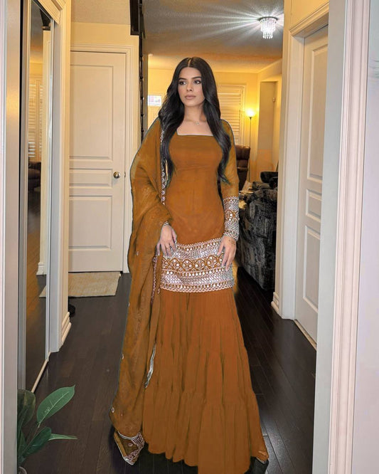 Rust Brown Colour Occasion Wear Sharara Suit