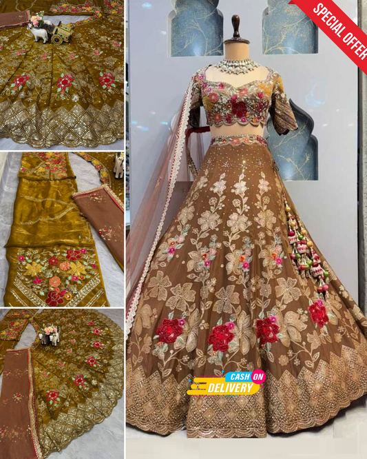 Mustard Color Jimmi Chu Silk Embroidered Lehenga Choli With Cancan