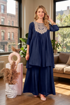 Women Embroidered Round Neck Pleated Kurti with Flared Palazzo Set