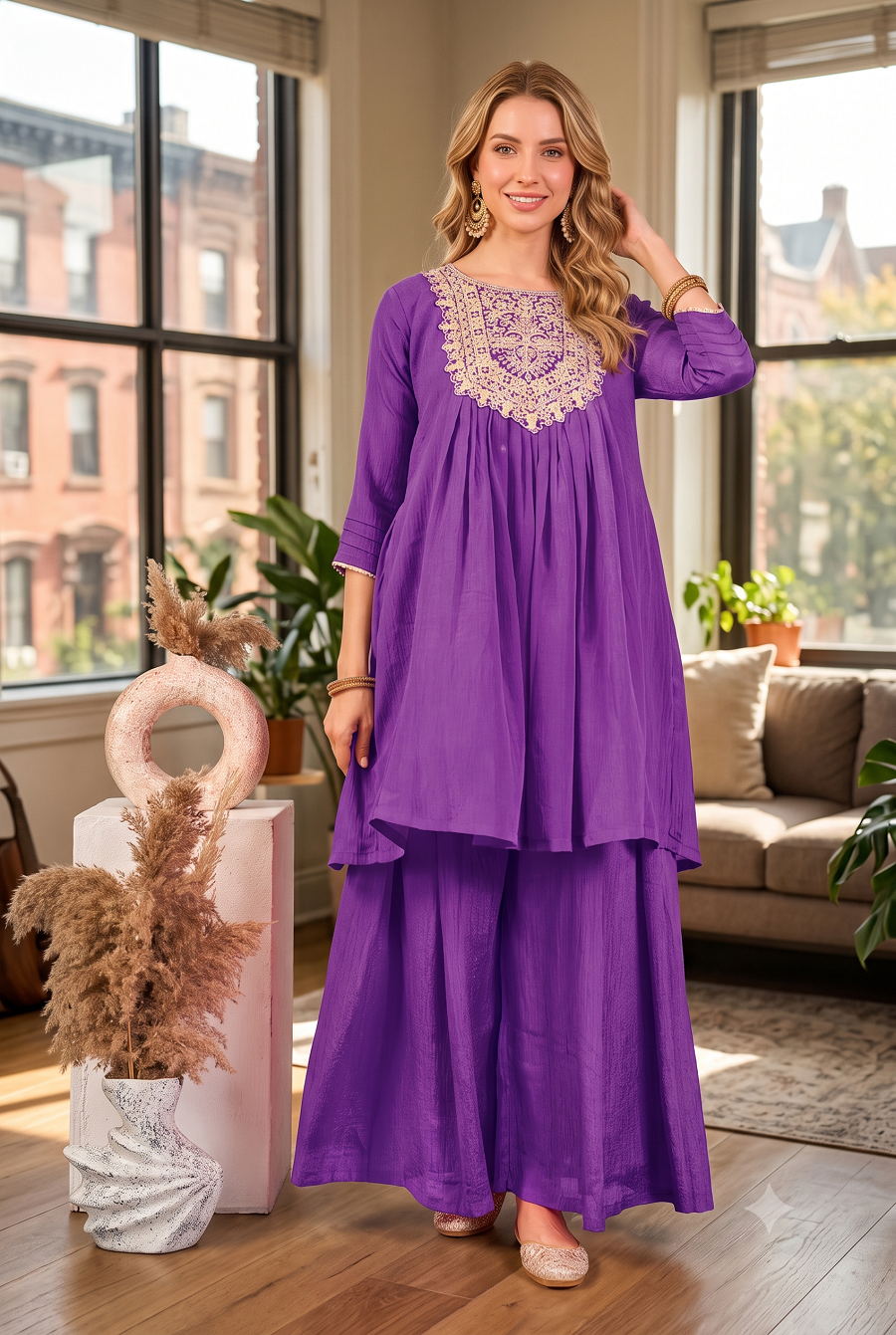 Women Embroidered Round Neck Pleated Kurti with Flared Palazzo Set