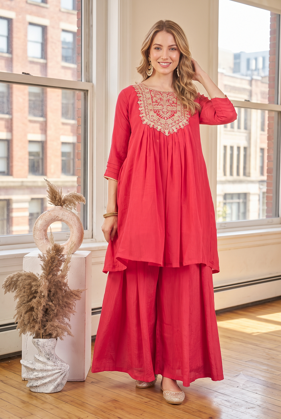 Women Embroidered Round Neck Pleated Kurti with Flared Palazzo Set