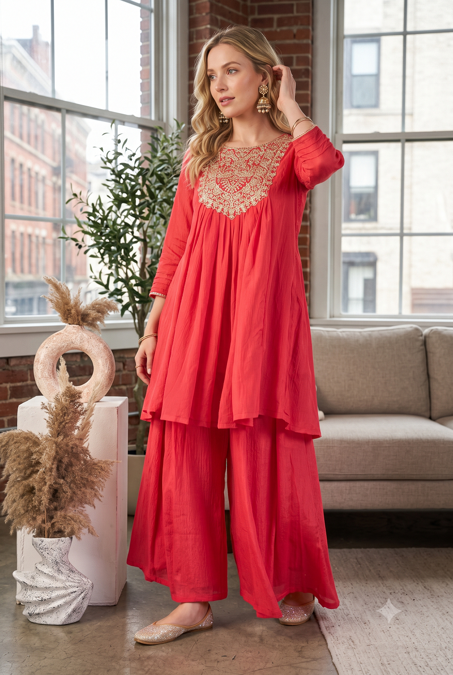 Women Embroidered Round Neck Pleated Kurti with Flared Palazzo Set