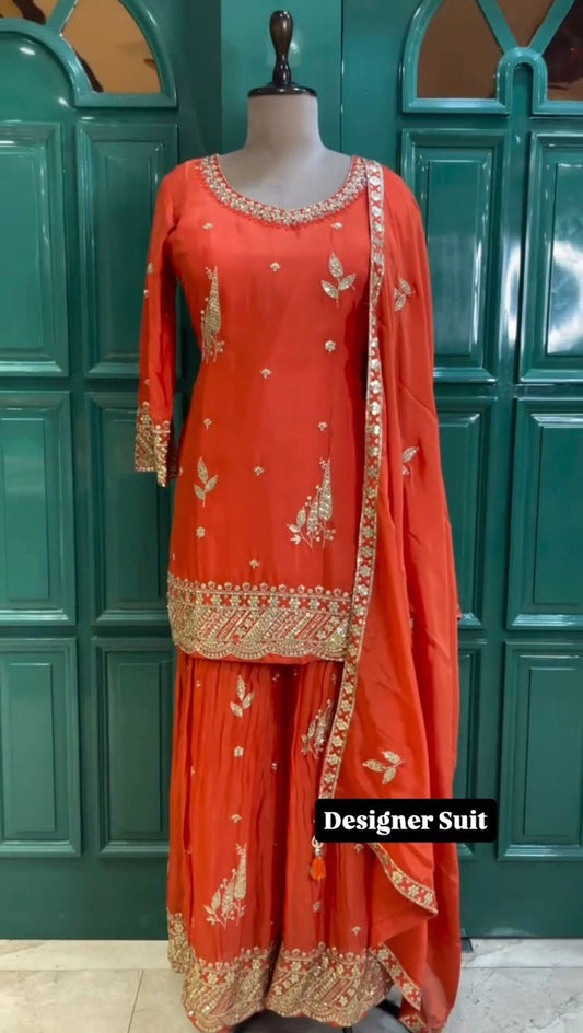 Graceful Plazo Suit in Chinon Silk with Thread & Sequence Work
