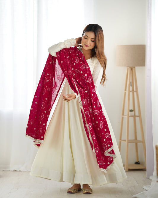 Rani Pink Silk Dupatta With Silk Full Stitched Gown