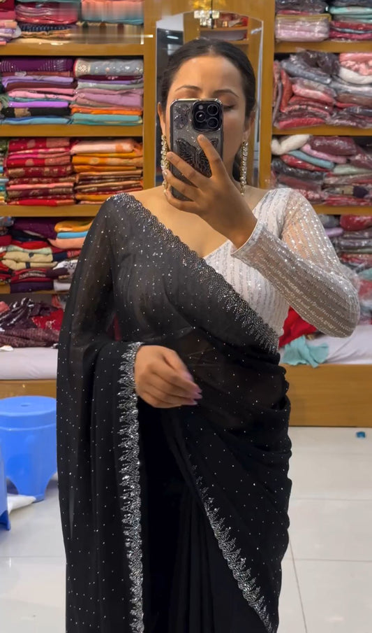 Aashna : Siroski Diamond Work Saree with Sequence Lining Blouse