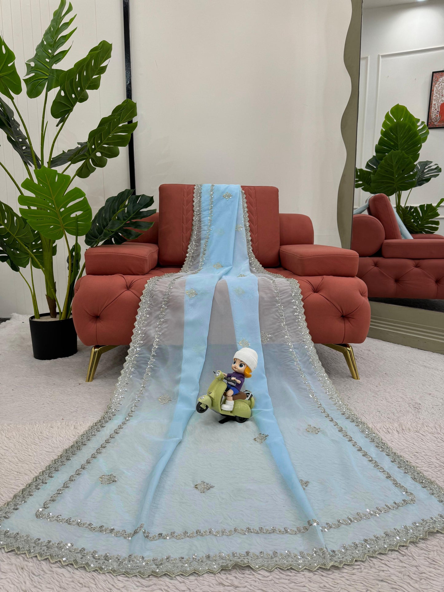Pastel Blue Tubby Silk with Thread Floral Blouse and Sequins Lace Border Saree