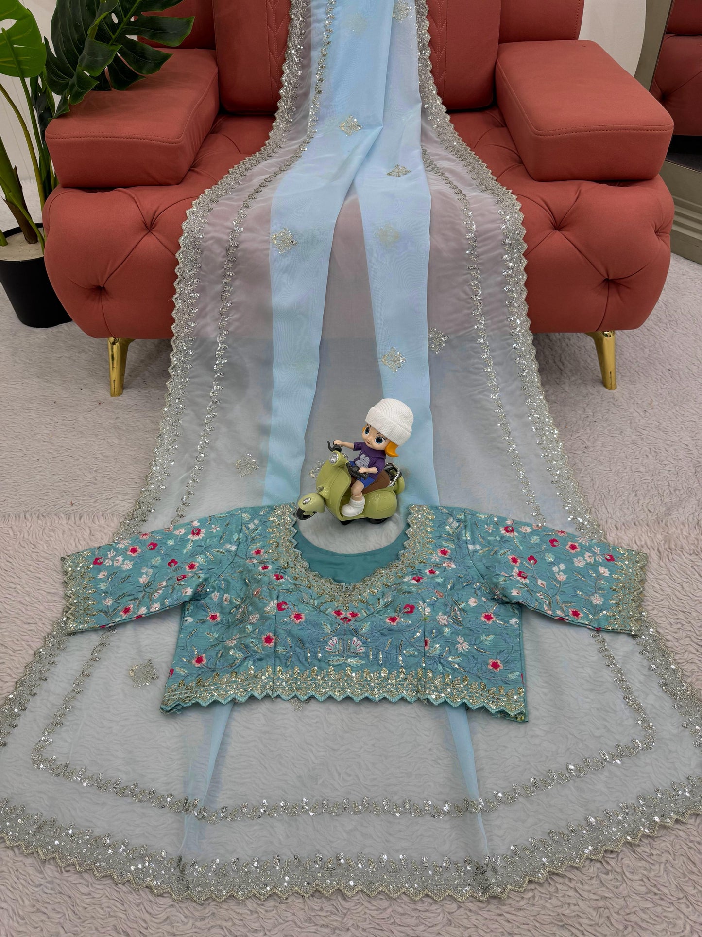 Pastel Blue Tubby Silk with Thread Floral Blouse and Sequins Lace Border Saree