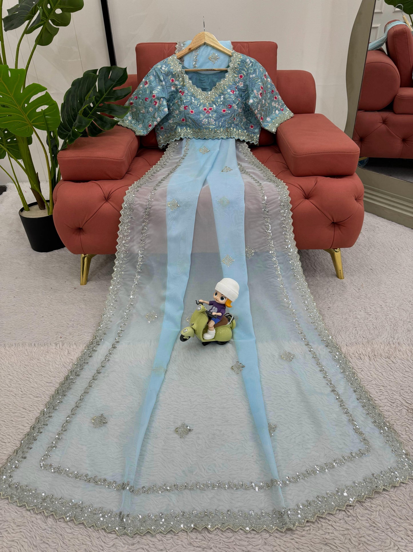 Pastel Blue Tubby Silk with Thread Floral Blouse and Sequins Lace Border Saree