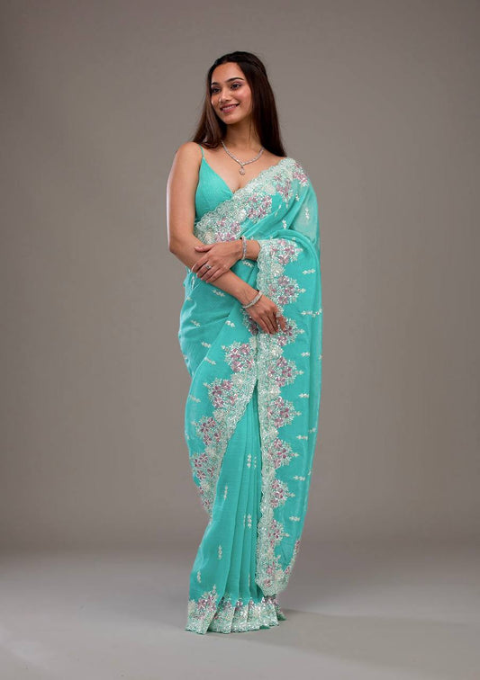 Wedding Wear Sky Firozi Color Silk Embroidered Saree Blouse