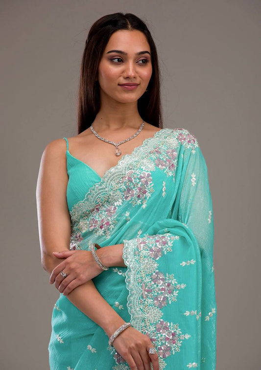 Wedding Wear Sky Firozi Color Silk Embroidered Saree Blouse