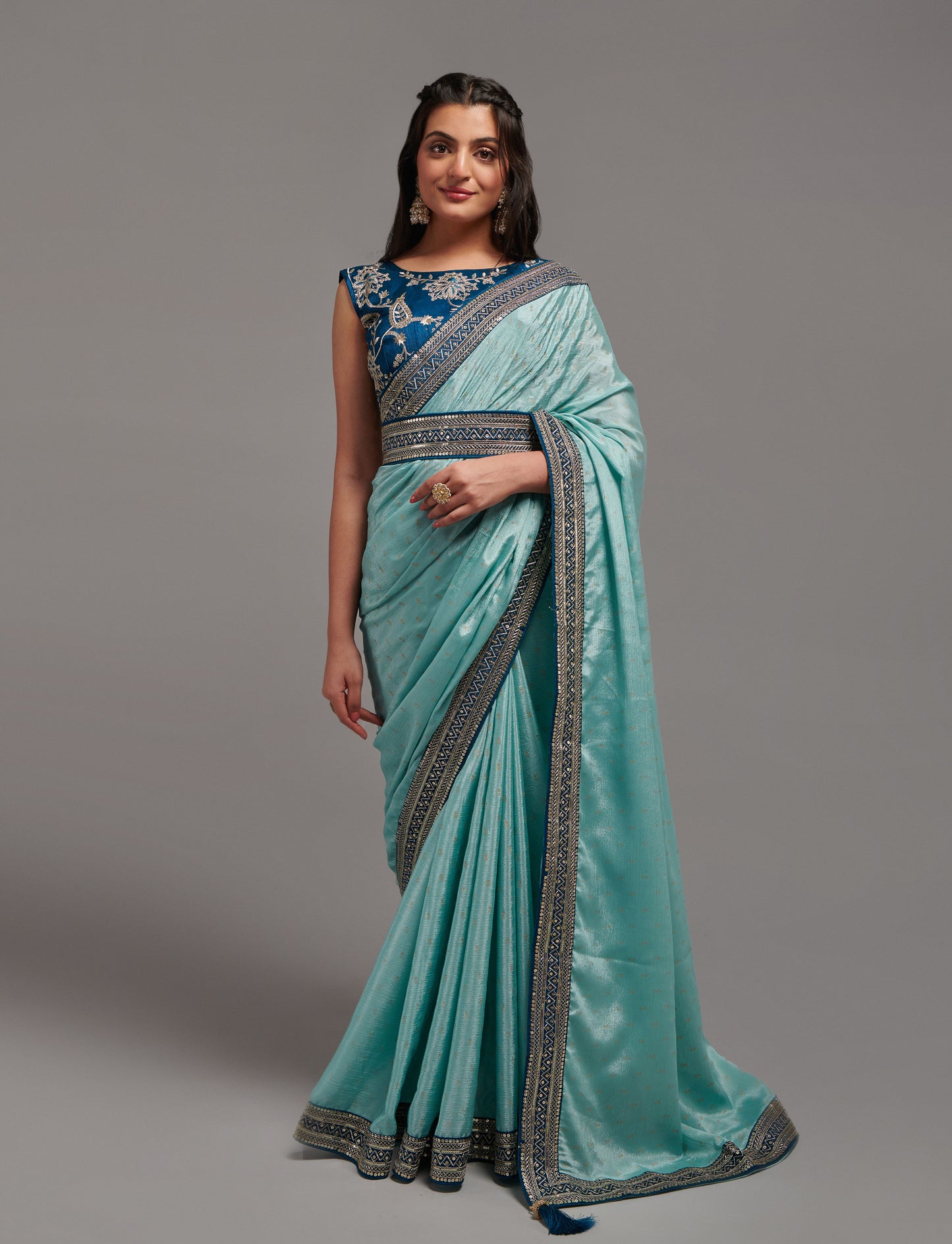 Designer Chinon Silk Print and Border Work Saree Blouse