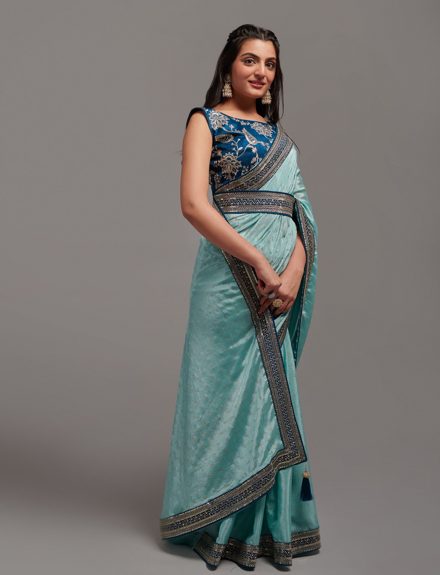 Designer Chinon Silk Print and Border Work Saree Blouse
