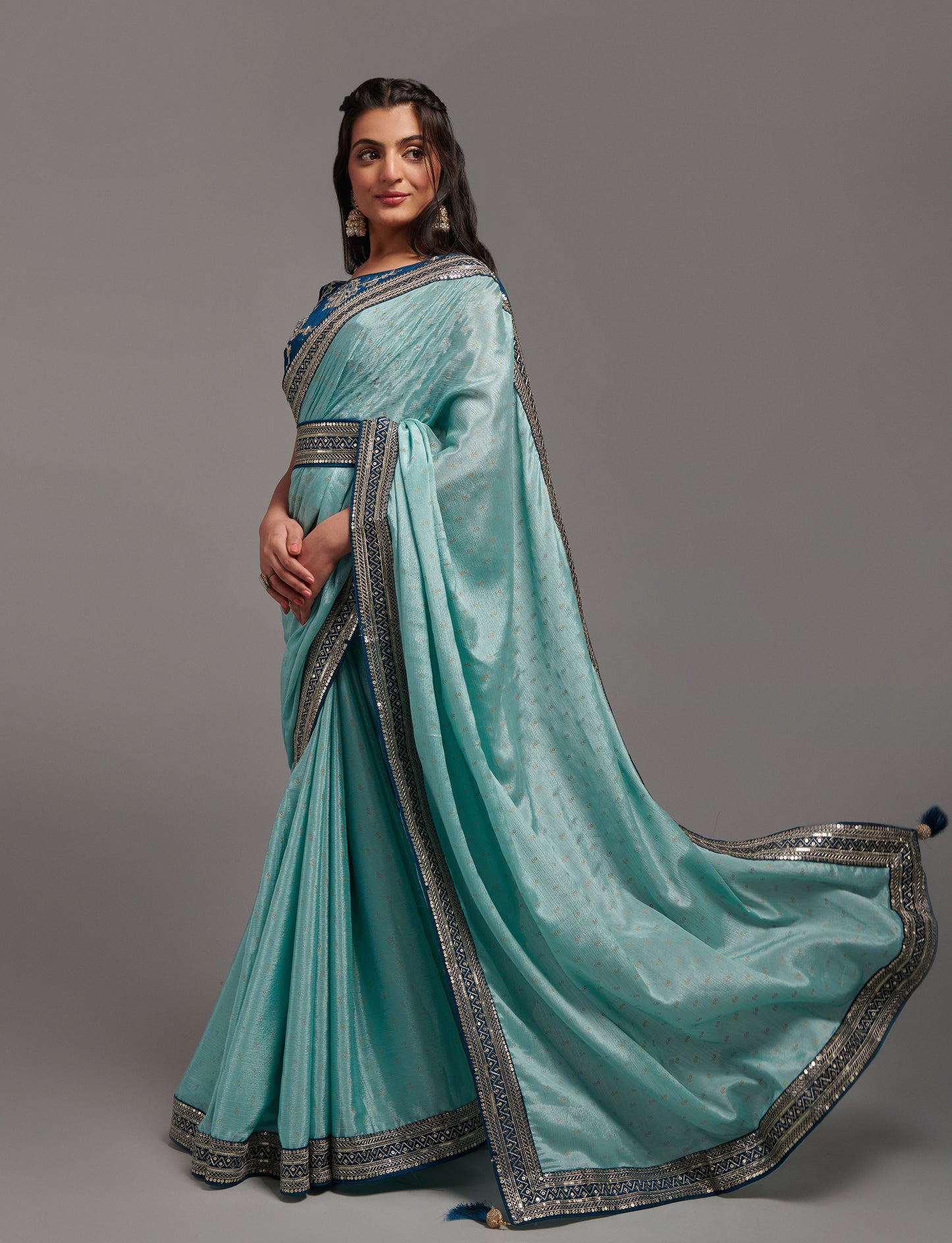 Designer Chinon Silk Print and Border Work Saree Blouse
