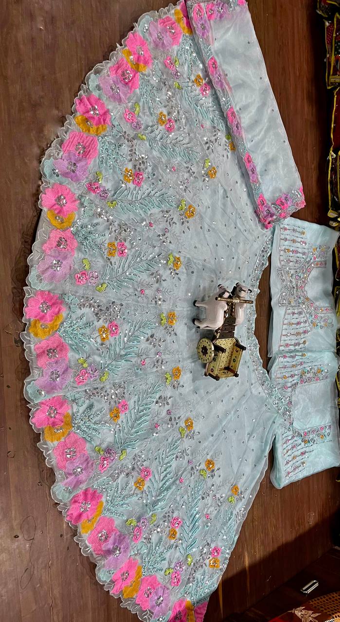 Sky Color Floral Work Organza Silk Lehenga Choli